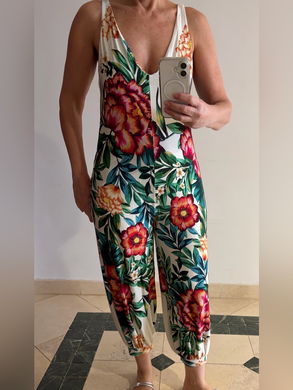 FARM Rio Tropical Floral Jumpsuit - White Base with Pink & Green Print